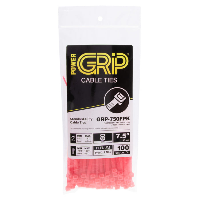 NSI GRP-750FPK 7.5” Fluorescent Pink General Purpose 50lb Cable Ties, 100 Pack