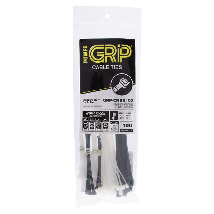 NSI GRP-CNBN100 Cable Tie Multipack, Black/Natural, 4” to 11” and 18lb to 50lb