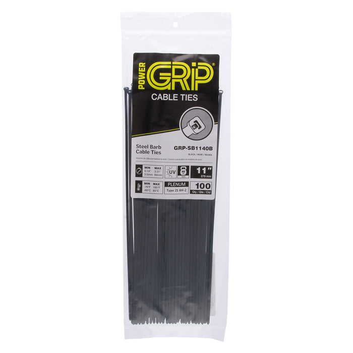 NSI GRP-SB1140B 11”, Black Steel Barb 40lb Cable Tie, 100 Pack
