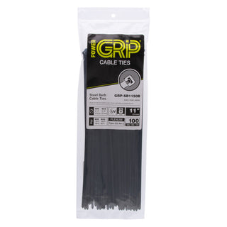 NSI GRP-SB1150B 11”, Black Steel Barb 50lb Cable Tie, 100 Pack