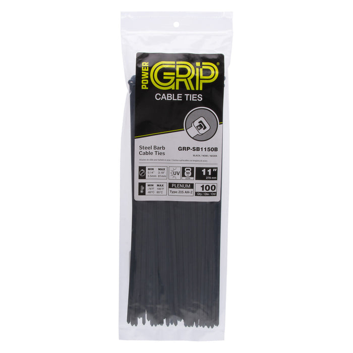 NSI GRP-SB1150B 11”, Black Steel Barb 50lb Cable Tie, 100 Pack