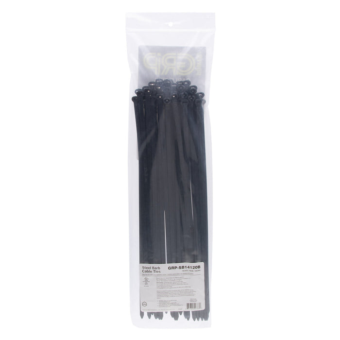 NSI GRP-SB14120B 14”, Black Steel Barb 120lb Cable Tie, 50 Pack