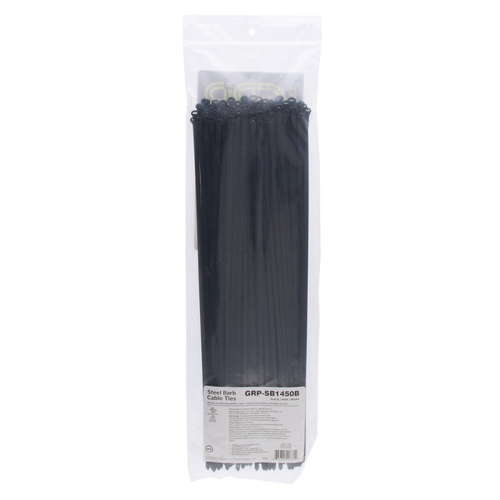 NSI GRP-SB1450B 14”, Black Steel Barb 50lb Cable Tie, 100 Pack