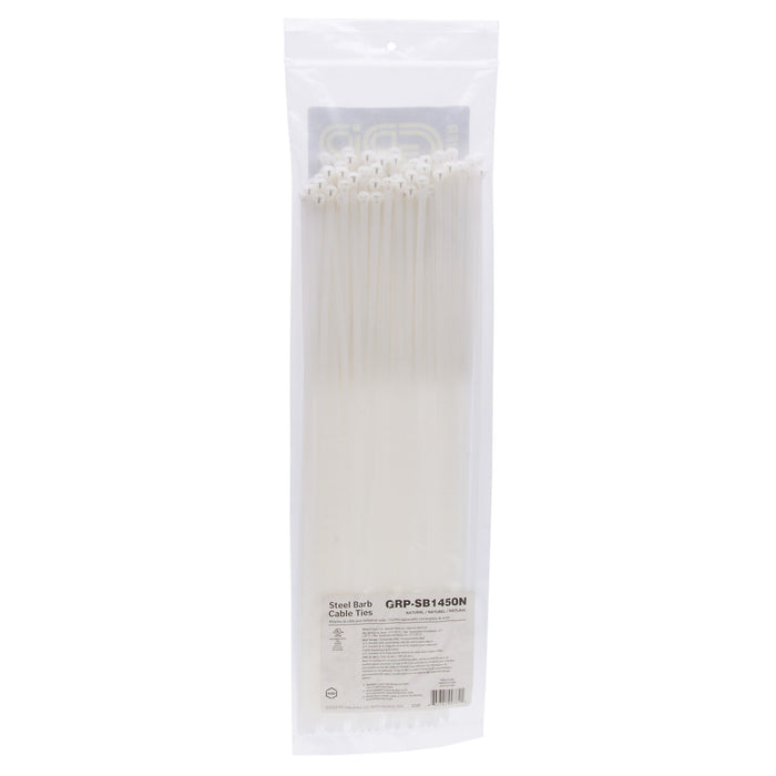 NSI GRP-SB1450N 14”, Natural Steel Barb 50lb Cable Tie, 100 Pack