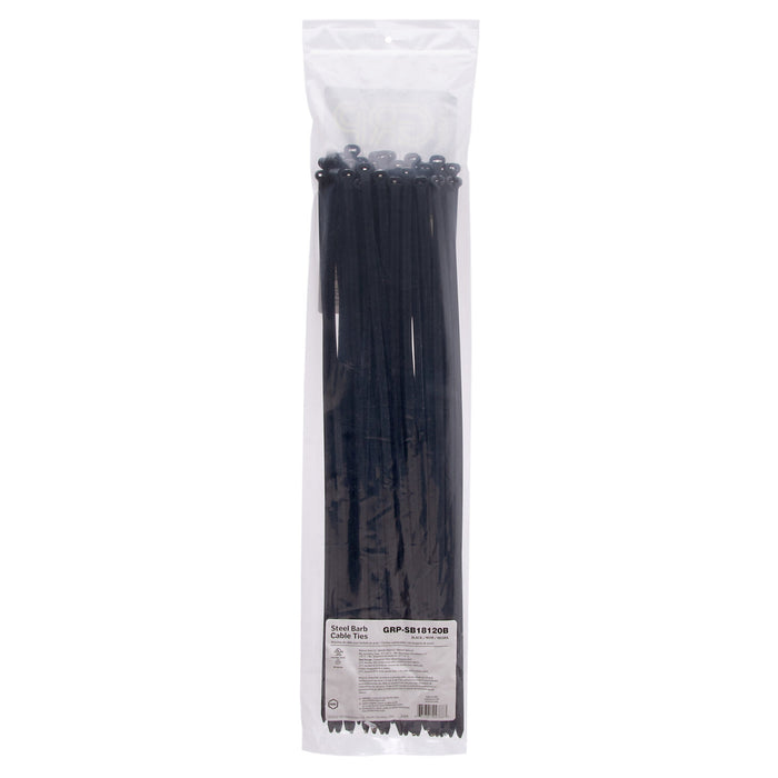 NSI GRP-SB18120B 18”, Black Steel Barb 120lb Cable Tie, 50 Pack