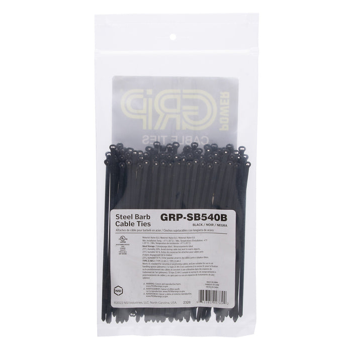 NSI GRP-SB540B 5”, Black Steel Barb 40lb Cable Tie, 100 Pack