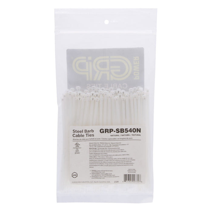 NSI GRP-SB540N 5”, Natural Steel Barb 40lb Cable Tie, 100 Pack