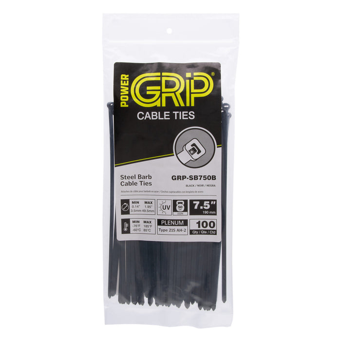 NSI GRP-SB750B 7.5”, Black Steel Barb 50lb Cable Tie, 100 Pack