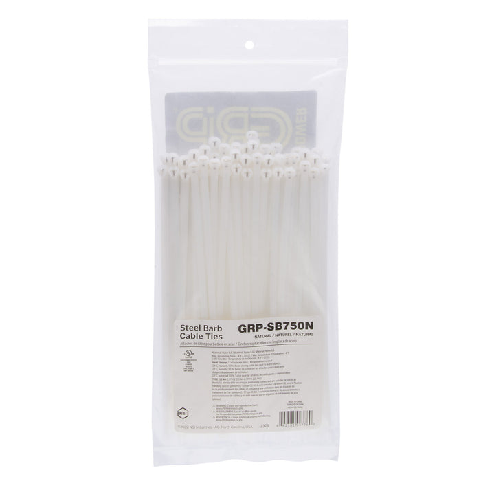 NSI GRP-SB750N 7.5”, Natural Steel Barb 50lb Cable Tie, 100 Pack