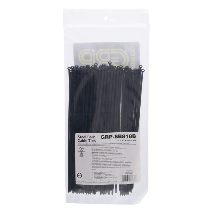 NSI GRP-SB818B 8”, Black Steel Barb 18lb Cable Tie, 100 Pack