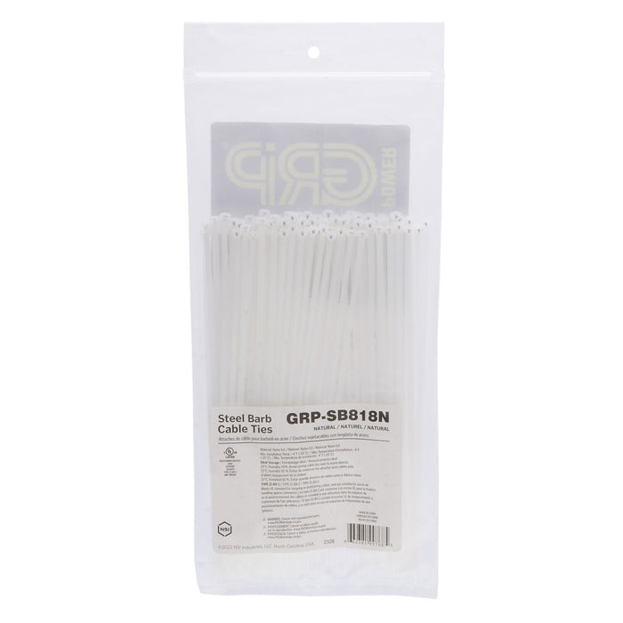 NSI GRP-SB818N 8”, Natural Steel Barb 18lb Cable Tie, 100 Pack
