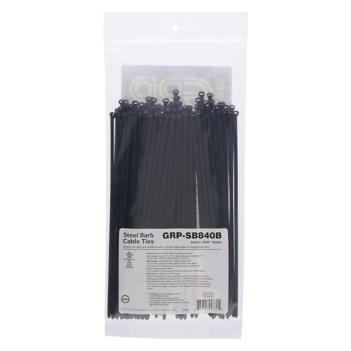 NSI GRP-SB840B 8”, Black Steel Barb 40lb Cable Tie, 100 Pack