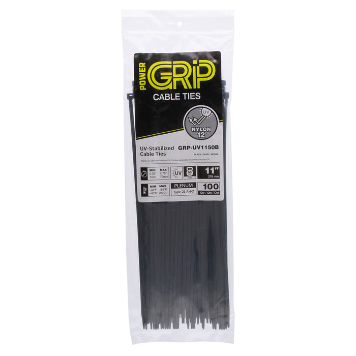 NSI GRP-UV1150B 11” Black UV-Stabilized 50lb Cable Ties, 100 Pack