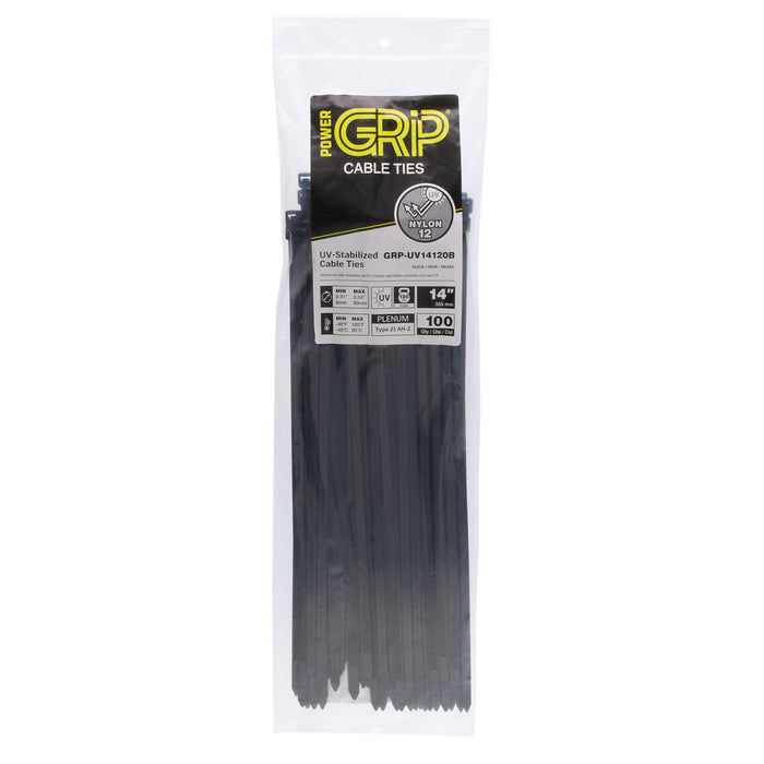 NSI GRP-UV14120B 14” Black UV-Stabilized Heavy-Duty 120lb Cable Ties, 100 Pack