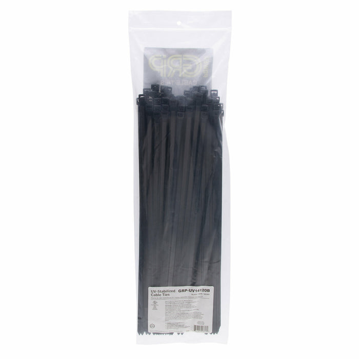 NSI GRP-UV14120B 14” Black UV-Stabilized Heavy-Duty 120lb Cable Ties, 100 Pack