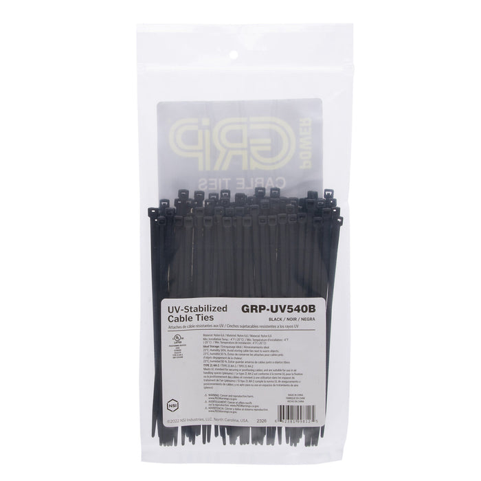 NSI GRP-UV540B 5” Black UV-Stabilized 40lb Cable Ties, 100 Pack