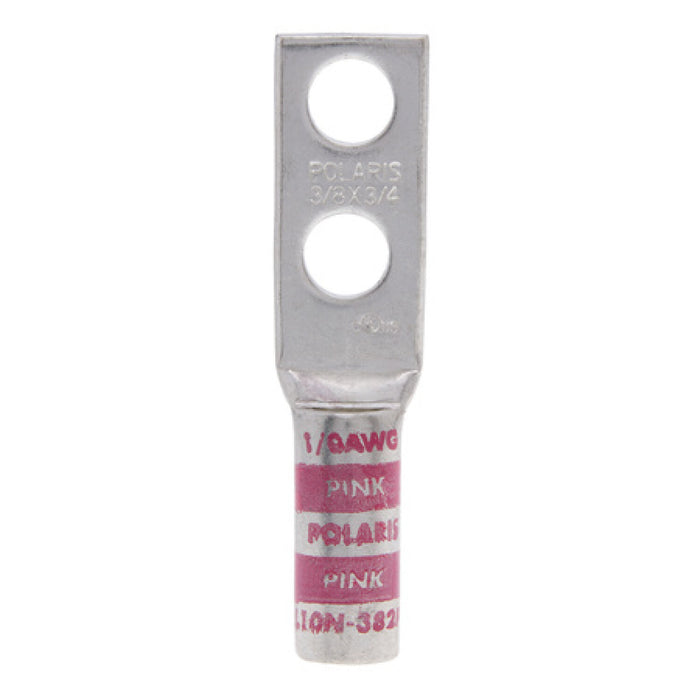 NSI L10N-382P Copper Long Lug with Peep Hole – Pink 2-Hole 1/0 AWG 3/8 Inch