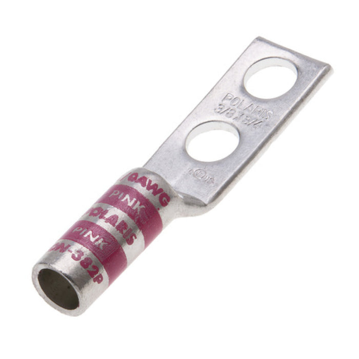 NSI L10N-382P Copper Long Lug with Peep Hole – Pink 2-Hole 1/0 AWG 3/8 Inch