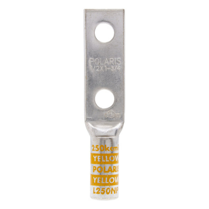 NSI L250NP Copper Long Lug with Peep Hole – Yellow 2-Hole 250 MCM 1/2 Inch