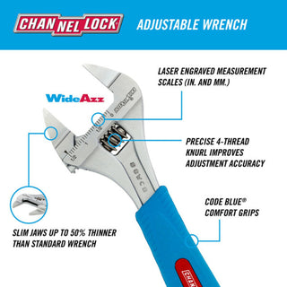 Channellock 8SWCB 8-Inch  Code Blue Wideazz Slim Jaw Adjustable Wrench