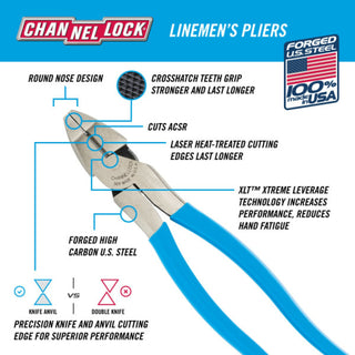 Channellock 369 9.5-inch XLT Round Nose Linemen's Pliers