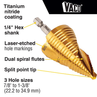 Klein Tools 25951 Step Bit Kit, Spiral Double-Fluted, VACO, 3-Piece