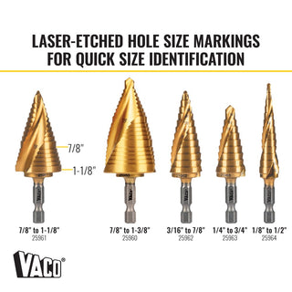 Klein Tools 25961 Step Drill Bit, Spiral Double-Fluted, 7/8-Inch to 1-1/8-Inch, VACO