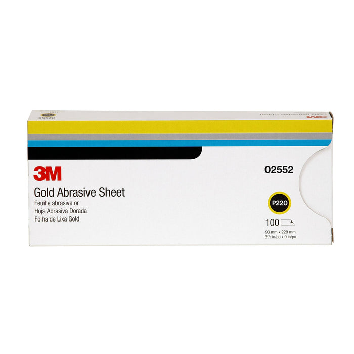 3M Gold Abrasive Sheet, 02552, P220 grade, 3 2/3 in x 9 in, 100 sheets
per pack