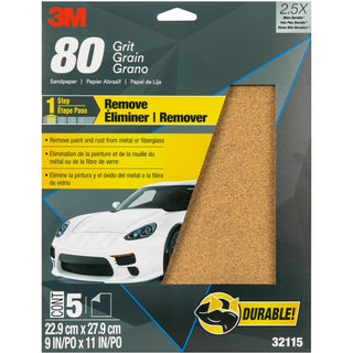 3M Sandpaper, 32115, 80 Grit, 9 in x 11 in, 5 per pack, 20 packs per
case