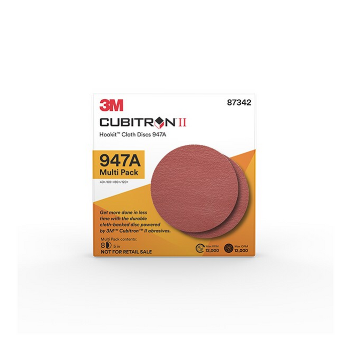 3M Cubitron II Hookit Cloth Disc 947A, 87342, 5 x NH, 40+ to 120+, 20
Packs/Case