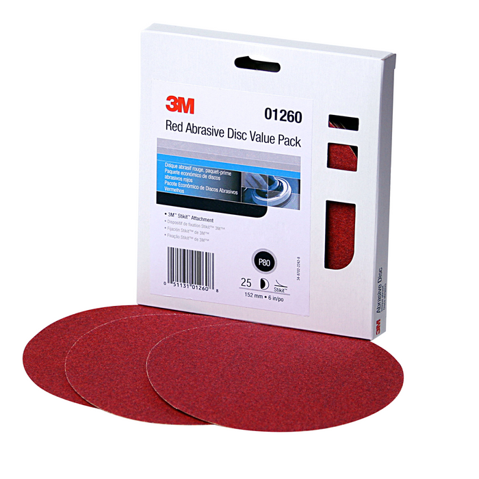 3M Red Abrasive Stikit Disc Value Pack, 01260, 6 in, P80, 25 discs per
carton