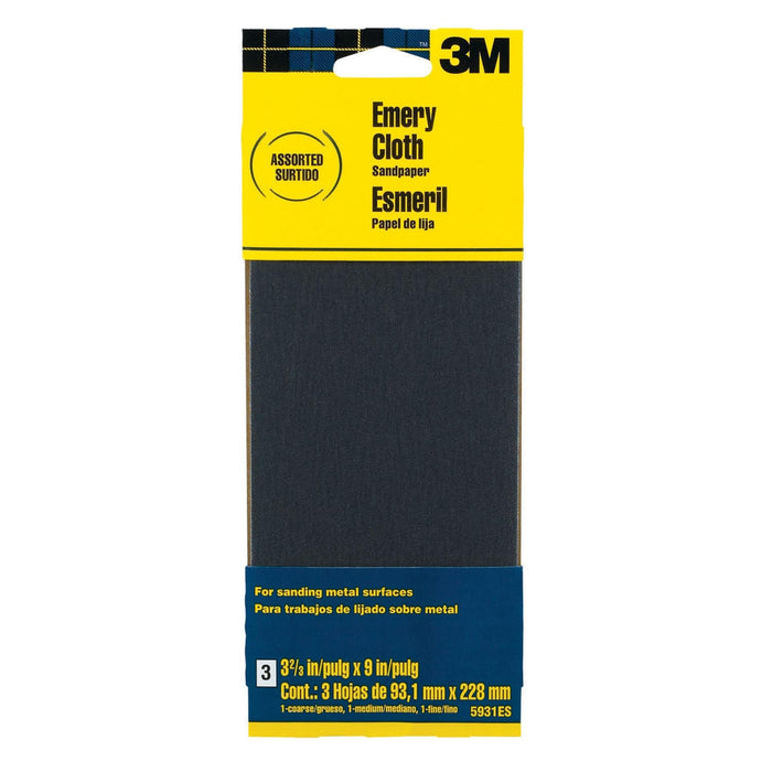 3M Emery Cloth Sanding Sheets 5931ES, 3 2/3 in x 9 in, Assorted grit, 3/pk