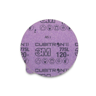 3M Cubitron II Stikit Film Disc 775L, 120+, 5 in x NH, Linered w/Tab,
Die 500X