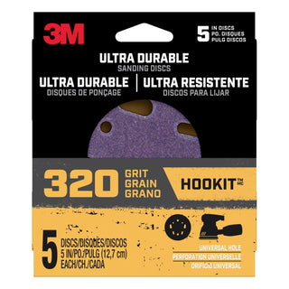 3M Ultra Durable 5 inch Power Sanding Discs, Universal Hole, 320 grit