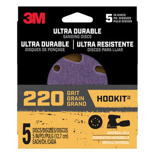 3M Ultra Durable 5 inch Power Sanding Discs, Universal Hole, 220 grit