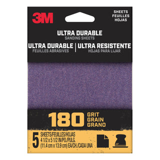 3M Ultra Durable Power Sanding 1/4 Sheet, 180 grit, 1/4Sht5pk180, 5 pk