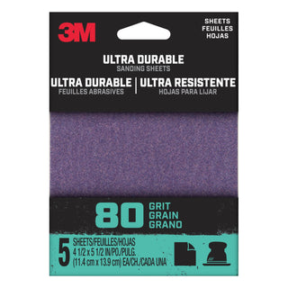 3M Ultra Durable Power Sanding 1/4 Sheet, 80 grit, 1/4Sht5pk80, 5 pk