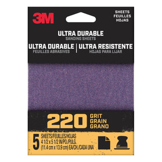 3M Ultra Durable Power Sanding 1/4 Sheet, 220 grit, 1/4Sht5pk220, 5 pk