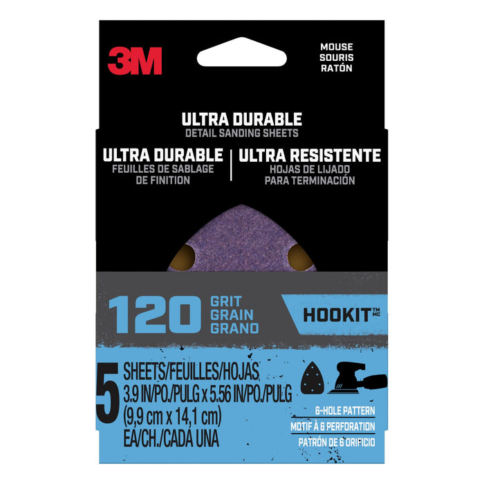 3M Ultra Durable Detail Sanding Sheets, 120 grit, Mouse5pk120, 5/pk