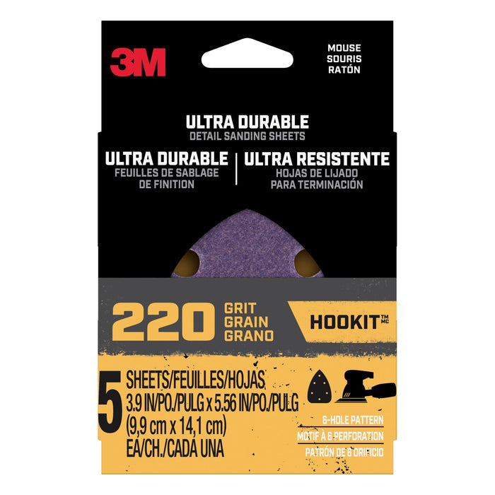 3M Ultra Durable Detail Sanding Sheets, 220 grit, Mousepk220, 5/pk