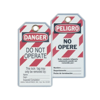 Ideal 44-841 Lockout Tag Bilingual, "Do Not Operate", Striped, 5/Pkg.