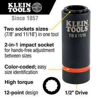 Klein Tools 66014 2-in-1 Impact Socket, 12-Point, 7/8 and 11/16-Inch