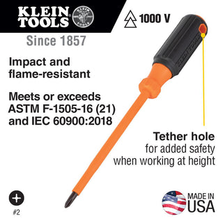 Klein Tools 6834INS Insulated Screwdriver, #2 Phillips Tip, 4-Inch Round Shank