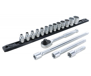 Wiha Tools 33790 3/8" Inch Drive 12 Point Socket Set, 1/4" to 7/8" with Ratchet and Extensions, 17 Pc.