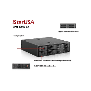 iStarUSA BPN-124K-SA  Trayless 5.25" to 4x 2.5" SATA 6 Gbps HDD SSD Hot-swap Rack