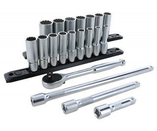 Wiha Tools 33793 3/8" Inch Drive 12 Point Deep Socket Set, 7 - 22 mm with Ratchet and Extensions, 20 Pc.