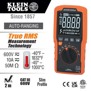 Klein Tools MM450 Multimeter, Slim Digital Meter, Auto-Ranging TRMS, 600V AC/DC Voltage, Current, Resistance, Temp, Frequency, Continuity