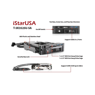 iStarUSA T-5K3525U-SA Trayless 5.25" to 3.5" & 2.5" SATA 6 Gbps HDD SSD Hot-swap Rack with USB 3.0